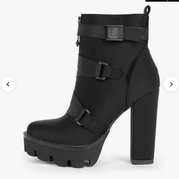 Wet Kiss Black Lycra Heeled Combat Platform Booties w/Straps EUC - Picture 3 of 13